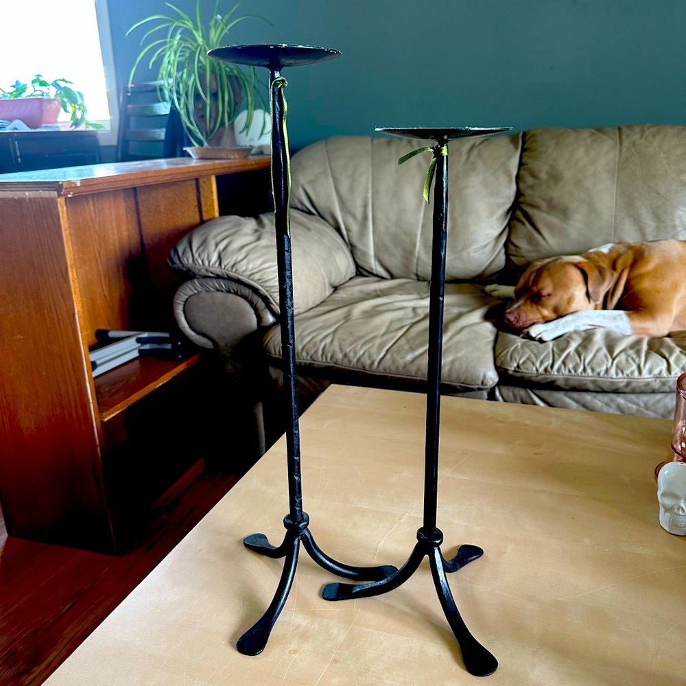 Pillar candle holder stands. Wrought Iron. Pair.